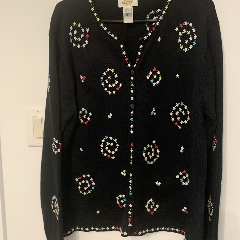Talbots Cardigan Black Stars Button Front Sweater Embroidered XL Swirl